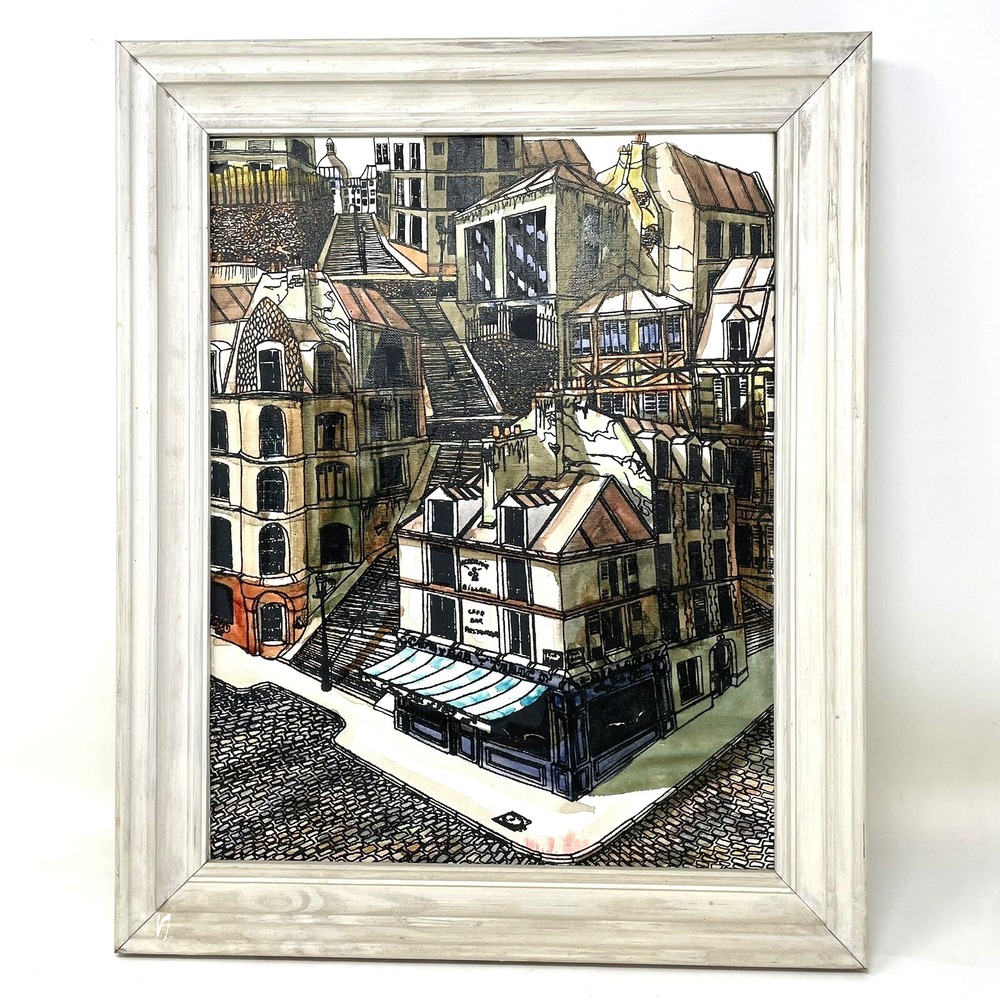 Paris Street Scene Painting Vintage Framed Signed 13.5"‎ x 16.5" French